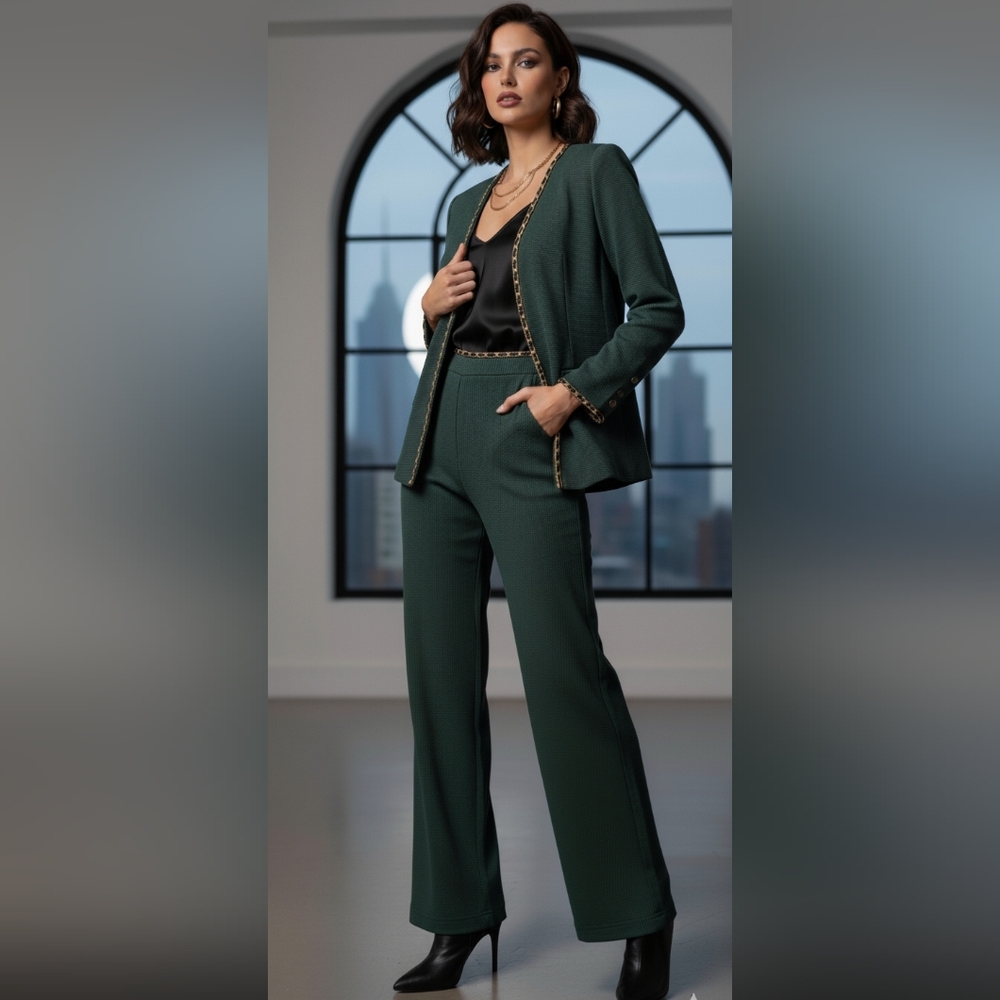 Elegant Green Jacket and Pants Combo with Gold Trim